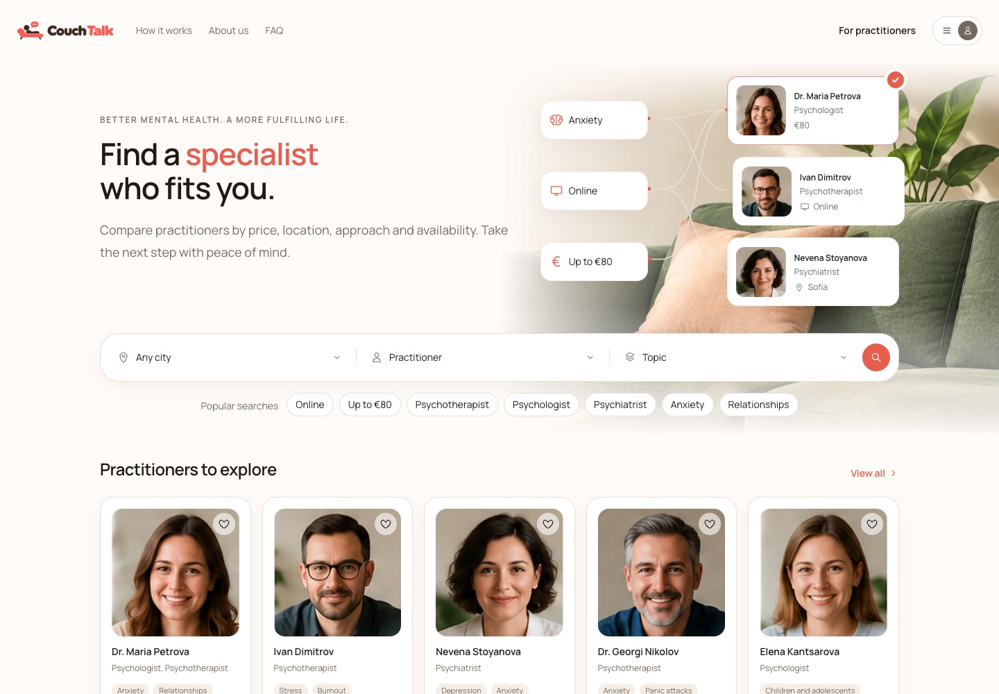 CouchTalk’s homepage with therapist search and practitioner profiles