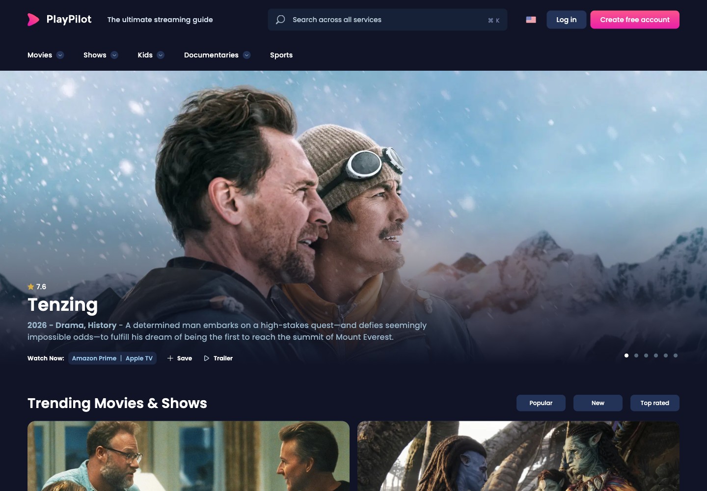 PlayPilot’s public website with films and series to watch